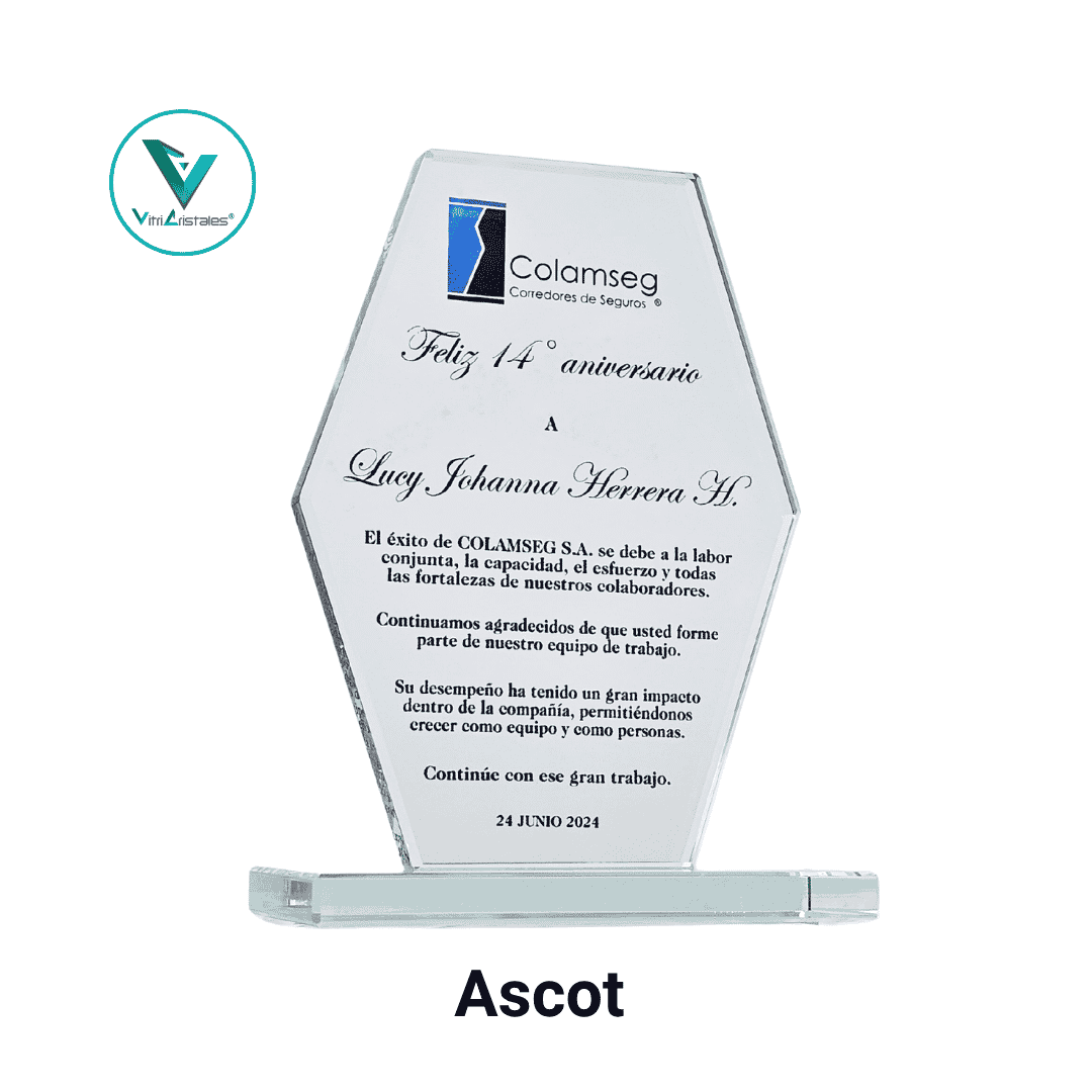 Placa de reconocimiento en vidrio forma ascot a color con impresión UV corporativa