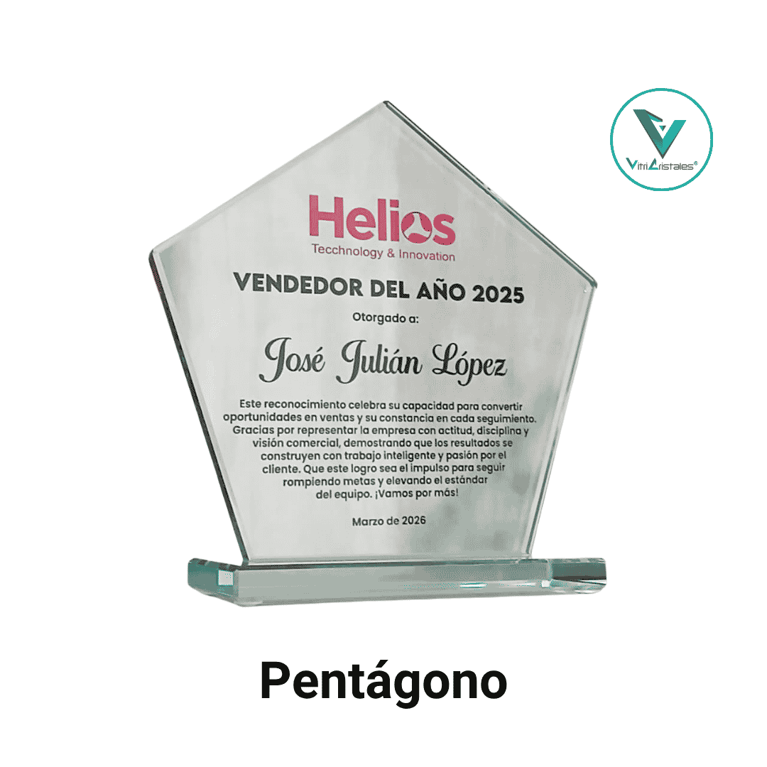 Placa de reconocimiento en vidrio forma pentágono a color con impresion UV personalizada