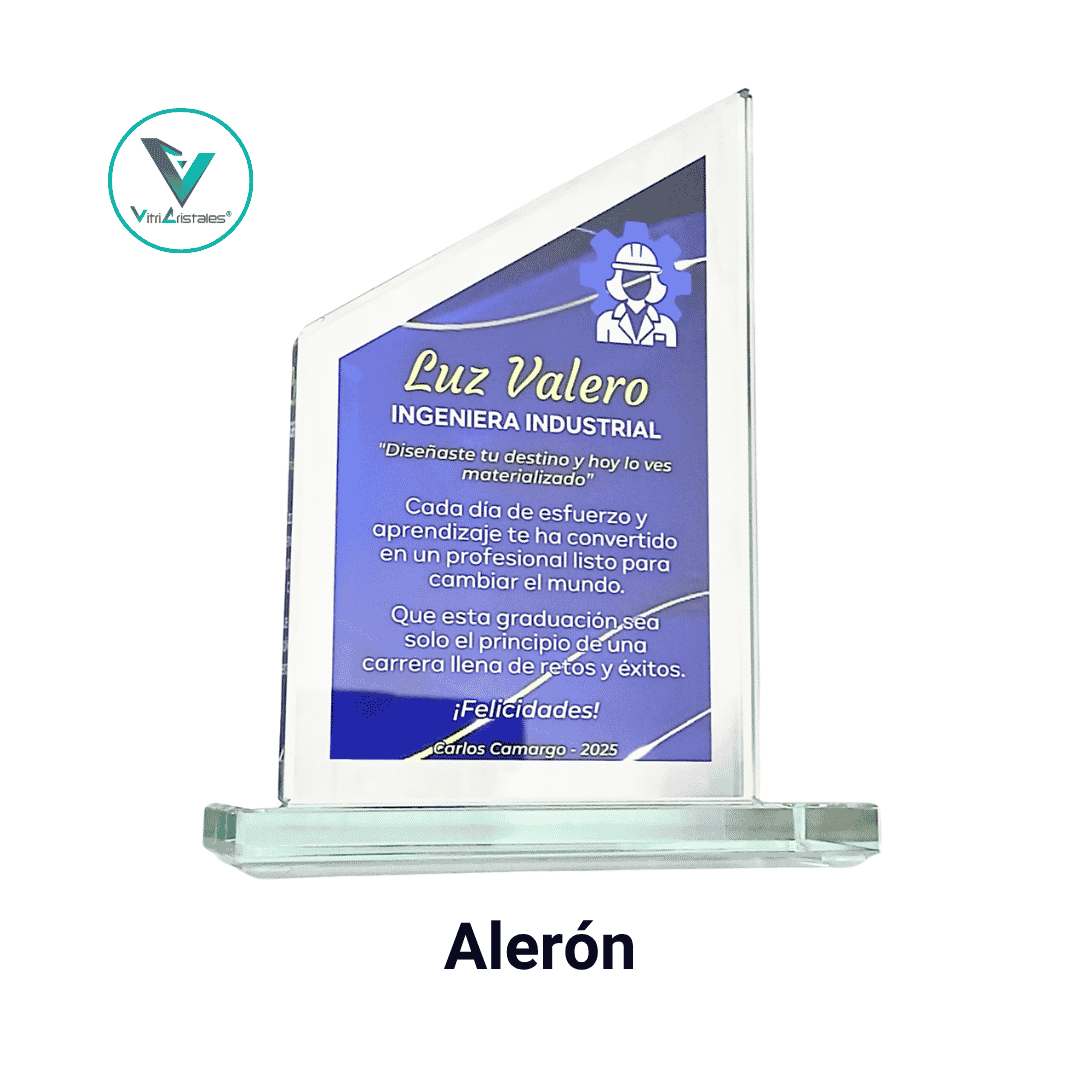 Placa de reconocimiento en vidrio tipo alerón a color impresión UV moderna